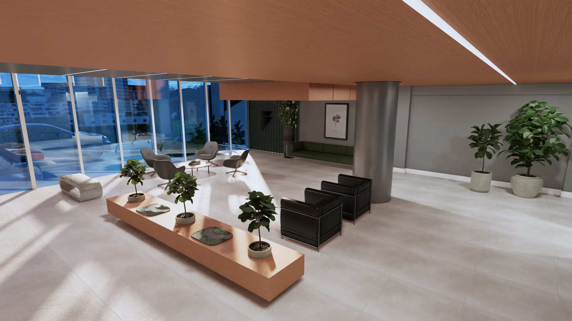 Lounge do hall com vista para o port-cochère do Wall Street Corporate, Chapecó