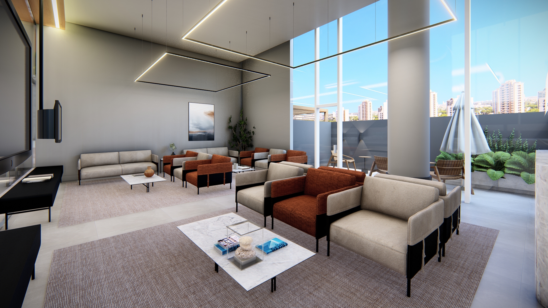 Sala de espera e recepção com terraço do Wall Street Corporate, Chapecó